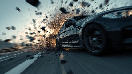 High-speed crash captured mid-motion, with debris flying and motion blur