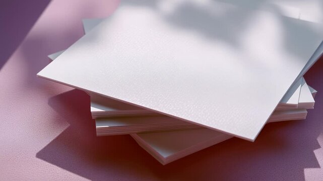 A stack of white paper with a pink background. The stack is neatly arranged and he is a part of a larger project or presentation