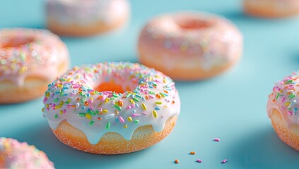 Close-up of several pastel pink donuts