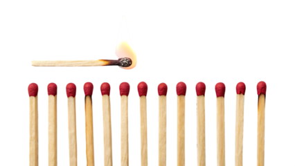  lit match next to a row of unlit matches isolated on white background PNG, AI GENERATED