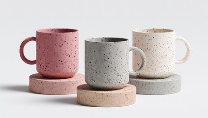 Three speckled mugs in muted tones, resting on coordinating coasters, against a plain background