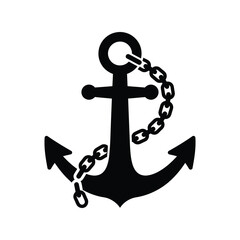 Heavy ship anchor with chain, nautical marine symbol, maritime safety equipment icon