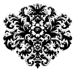 Floral damask pattern in black and white with symmetrical design and ornate leaf and flower elements