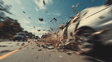 High-speed crash captured mid-motion, with debris flying and motion blur