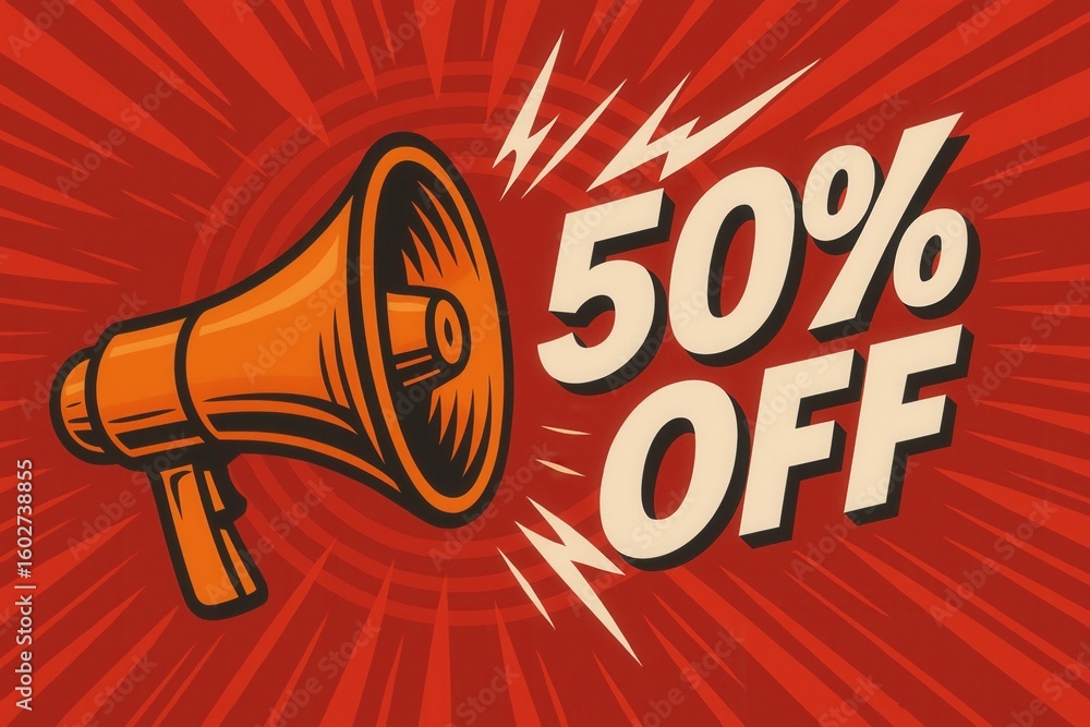 Poster bold retro design featuring a megaphone alongside 