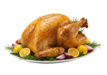 Perfectly roasted golden turkey, seasoned with herbs, garnished with rosemary, lemon, red onion, on a white platter, transparent studio background, Concept of festive holiday cuisine