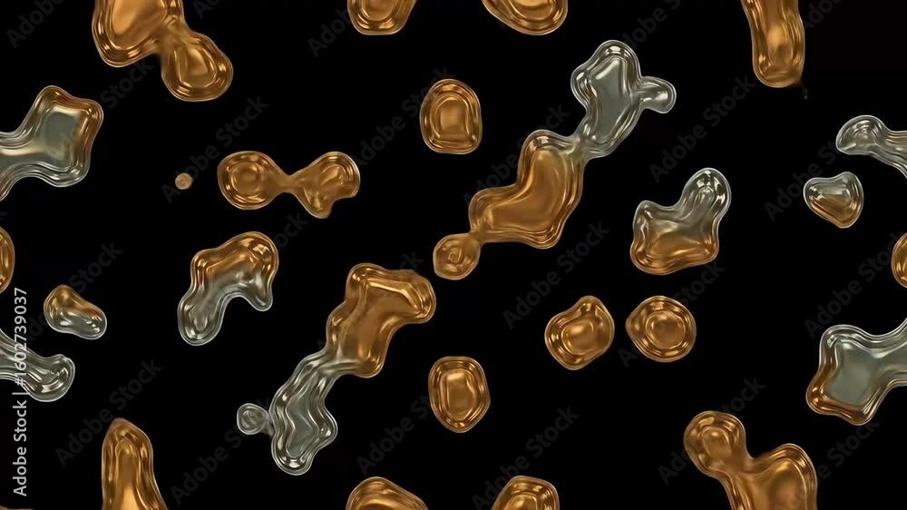 Poster abstract fluid shapes in metallic gold and silver floating against a black background, creating a dy