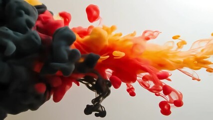 Abstract swirling colors of red, orange, yellow, and black ink in water. - Powered by Adobe