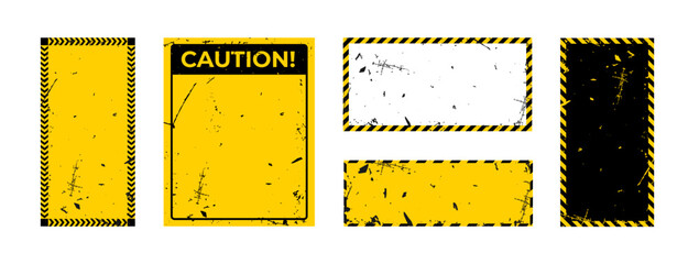 Fototapeta na wymiar Yellow caution sign boards in grunge style with black lines. Realistic warning signboard, attention banner template, road shield. Vector illustration with grain, old texture, stain and scratch.
