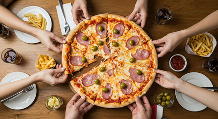 People sharing pizza together eating french fries and drinking soda