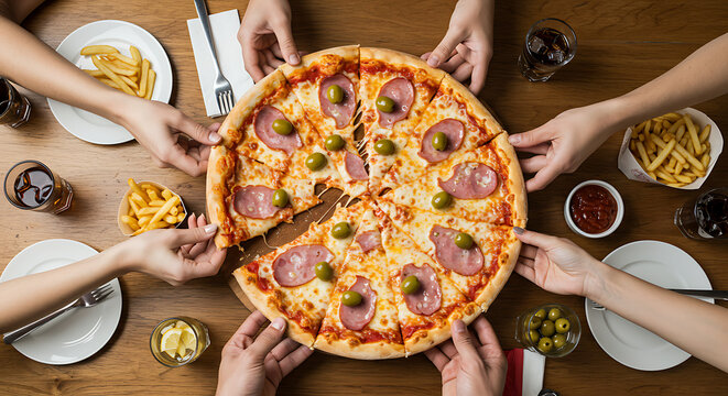 People sharing pizza together eating french fries and drinking soda