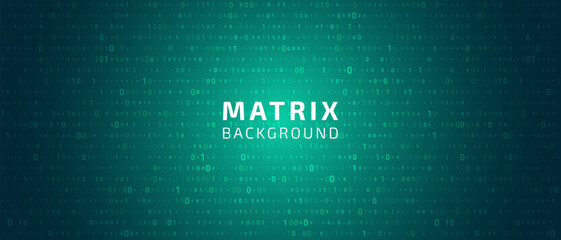 Green matrix background. Abstract binary background for hackathon and other digital events. Fallen zero numbers with matrix effect on futuristic bg. Vector wallpaper template.