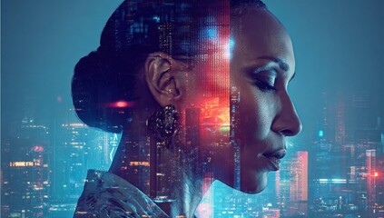 A woman's profile, superimposed with a city at night.