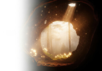 Magical Forest View Through Glowing Face-Shaped Cave