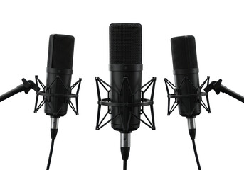 Three black studio condenser microphones with intricate metallic shock mounts, matte finish, and detailed grilles on a pure transparent background with no shadows, product photography concept