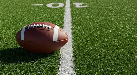 Brown Football Resting on Green Turf and White Line on Field