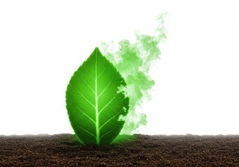 Glowing Green Leaf Emerging with Energy Smoke