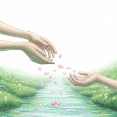 Hands Releasing Flower Petals into Peaceful Water