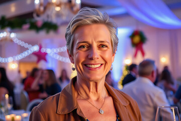 Obraz premium Smiling Woman at a Festive Holiday Gathering