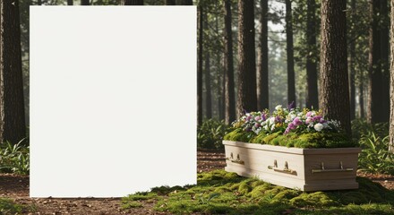 Biodegradable coffin with flowers in forest clearing