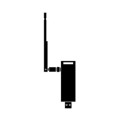 Wireless USB adapter with antenna in black fill silhouette style, bold vector icon for hardware, signal, and digital device concepts.