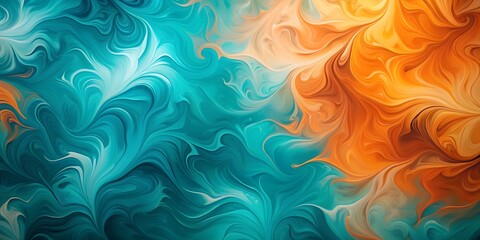Abstract swirling vibrant turquoise and orange paint texture background