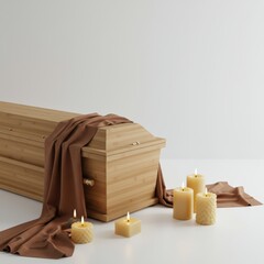 Bamboo casket with candles and brown drape