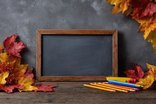 Empty chalkboard framed by fall leaves and pencils
