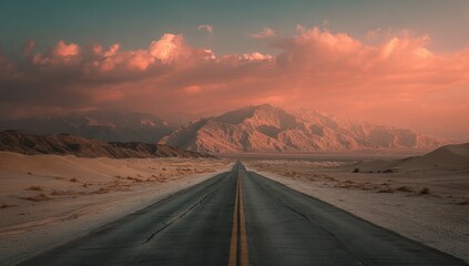 Empty road stretching into a desert mountain range at sunset