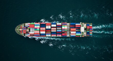 Fototapeta premium Cargo Ship Sailing with Colorful Containers on Blue Ocean Water