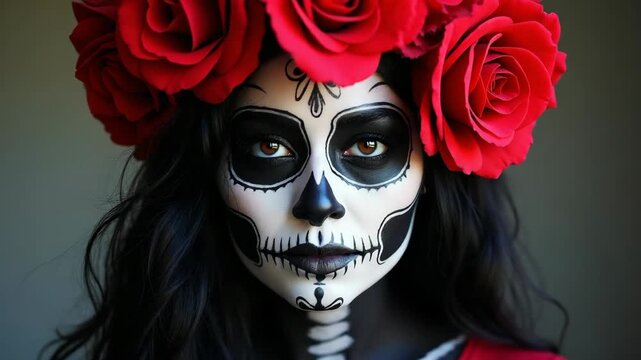 Halloween beauty portrait of a skeleton woman of death, the makeup on the face. Girl death Halloween costume. Day of The Dead. Charming and dangerous Calavera Catrina.