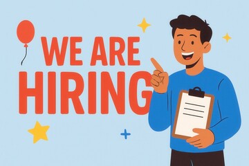 Illustrated announcement featuring a smiling person holding a clipboard with "We Are Hiring" text, surrounded by stars and a balloon on a light blue background.