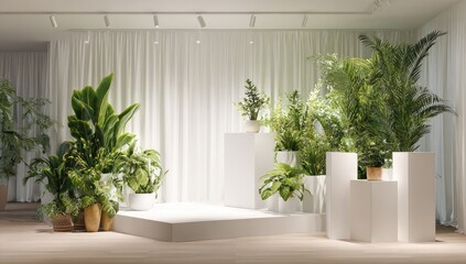 White room with plants on podiums