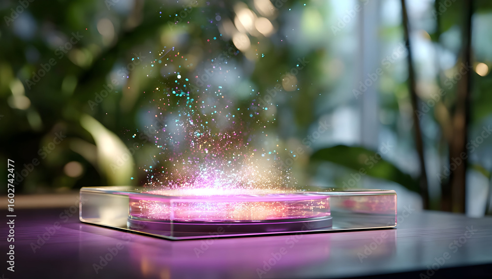 Poster a captivating display of colorful sparks emerging from a clear podium, showcasing a blend of creativ