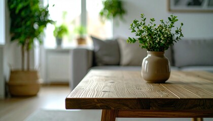 Minimalist wooden table in cozy living room, soft natural light, serene domestic still life.
