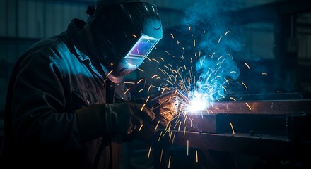 Welder Welding Metal with Protective Gear and Bright Sparks in Industrial Setting