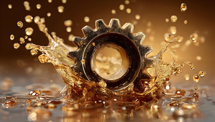 A close-up of a metallic gear splashing through liquid, capturing the dynamic movement and intricate details of machinery in action. Perfect for industry themes.