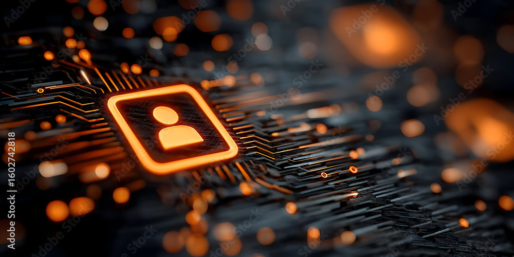 Poster a close-up view of a digital circuit board featuring an illuminated user icon, symbolizing connectiv