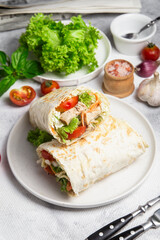 Appetizing Shawarma with chicken and fresh vegetables on a light background