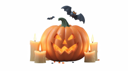 A glowing Jack O Lantern pumpkin with candles and bats on a transparent background conveys the spooky Halloween holiday spirit.