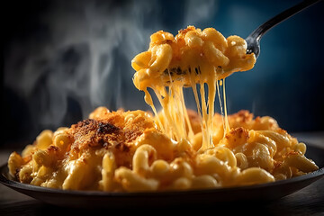 A delectable plate of creamy macaroni and cheese with melty cheese, steam rising, capturing the essence of comfort food in a rich and inviting way.