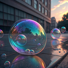 Title: Colorful Soap Bubbles Reflecting Urban Landscape

