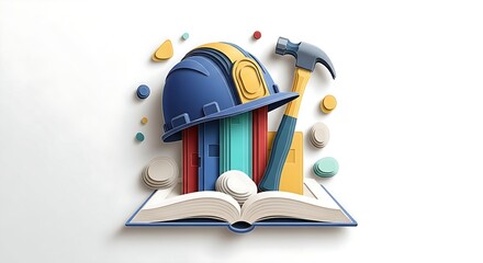 A hard hat and hammer emerge from an open book in this 3D papercraft illustration. This concept represents construction knowledge, safety training, vocational education, and learning a skilled trade.