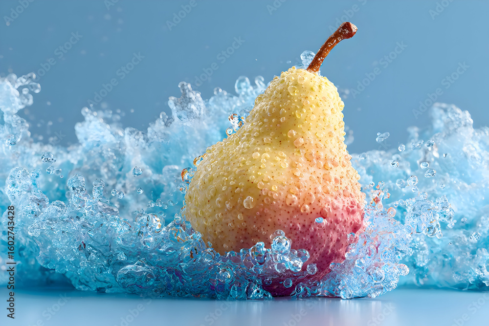 Poster a fresh pear splashes through vibrant blue water, creating playful bubbles and a sense of refreshing