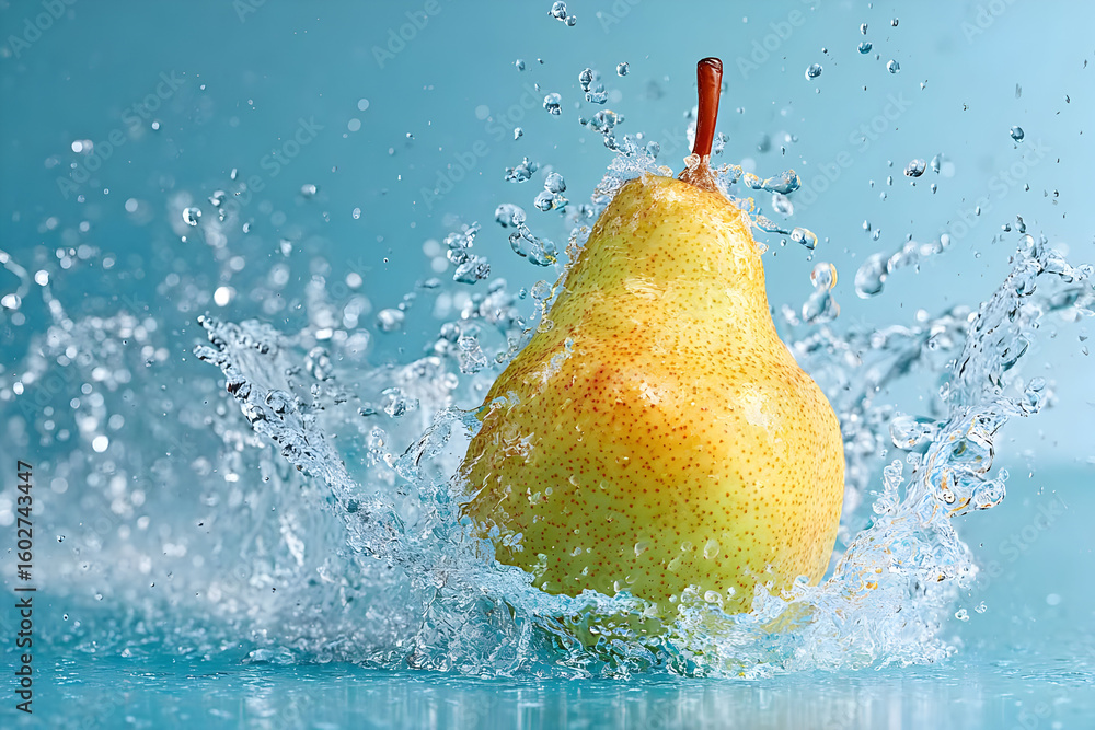 Poster a fresh pear splashes into clear blue water, creating dynamic droplets. this vibrant image captures 