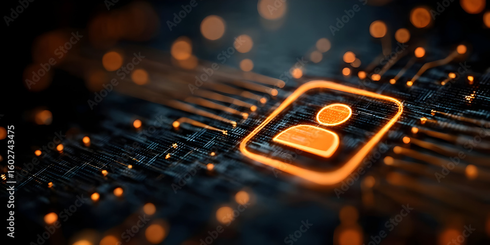 Poster a futuristic depiction of a digital user icon set against a circuit board backdrop, symbolizing inno