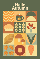 Autumn simple poster set. Autumn flyer set of designs Scandinavian mosaic. Banner autumn elements. Autumn design poster. Vector illustration.