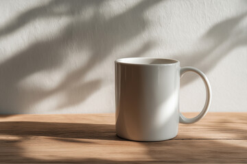 White ceramic coffee mug on wooden table