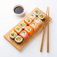 assorted sushi rolls with salmon, tuna, and avocado
