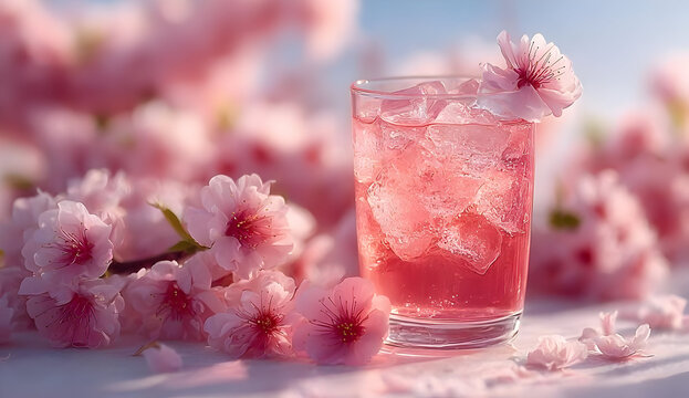 A refreshing pink drink served over ice, garnished with a cherry blossom, set against a backdrop of beautiful pink flowers.